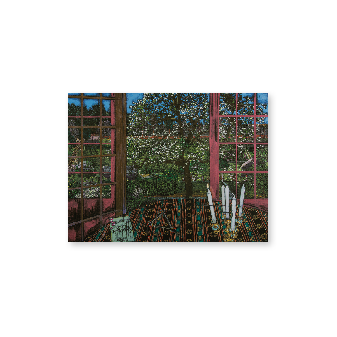 Postkort med motiv af Jesper Christiansen, Paradismaleri #XVII (Into Our First World), 2015. Særudstilling på Ordrupgaard med Jesper Christiansen, på Ordrupgaard, 2023.