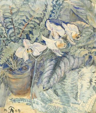 Anna Syberg, Orkide og bregner, 1909. Ejer ubekendt. Foto © Bruun Rasmussen Kunstauktioner Anna Syberg, Orkide og bregner, 1909. Ejer ubekendt. Foto © Bruun Rasmussen Kunstauktioner