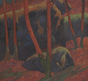 Paul Sérusier. Den røde skov, ca. 1895. Olie på karton opklæbet på lærred, 120 x 60 cm. Collection Alexandre Mouradian